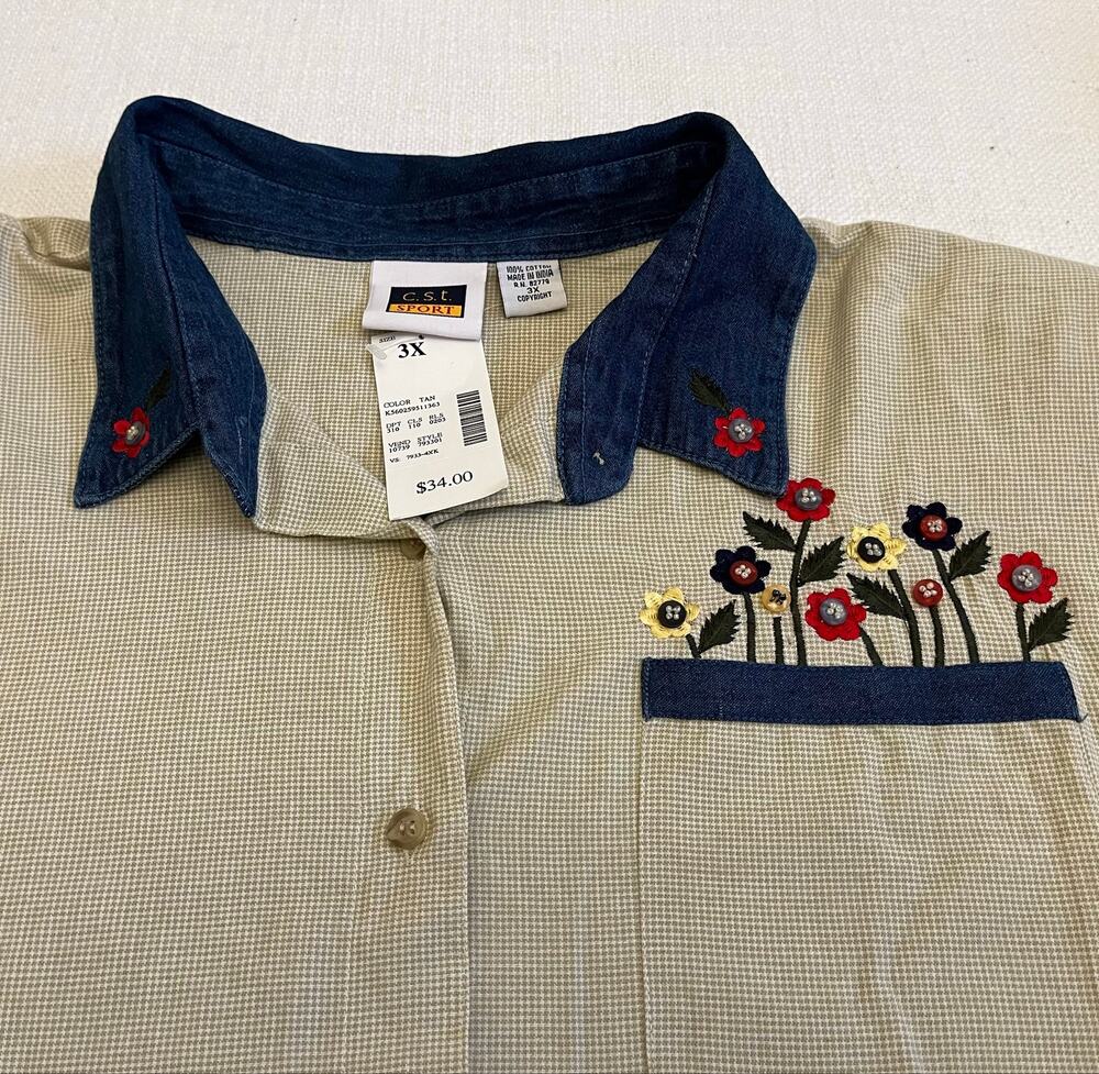 VTG CST Sport Shirt Womens 3X NWT Shoulder Pads Denim Collar Floral Gingham